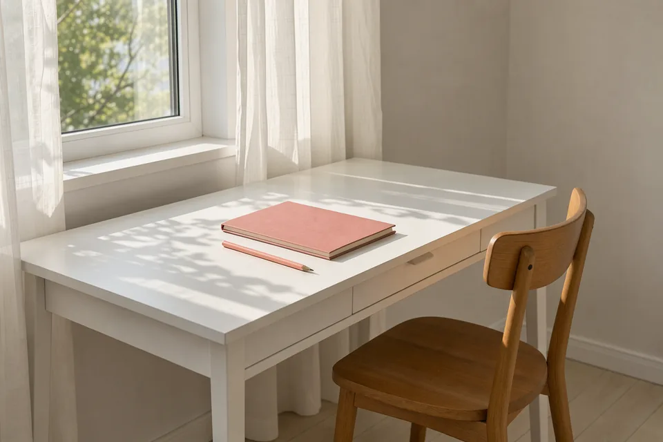 Sunlight across a white reading desk with a rose notebook and an empty chair.